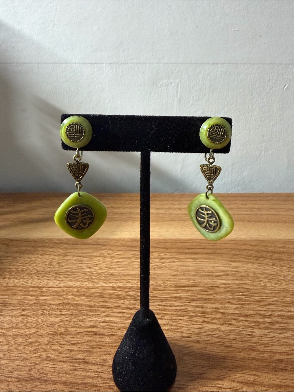 Green Ceramic Drop Earrings with Brass Accents (Screw Back)